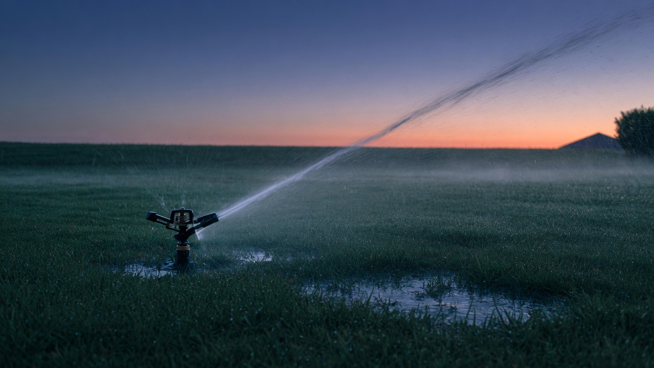 A rotor sprinkler throwing water across a lawn before sunrise.